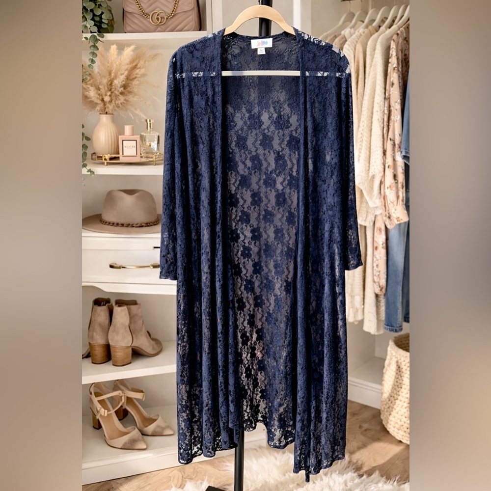LuLaRoe Lace Kimono Cardigan Navy Blue Sheer Duster Boho Layer Size L